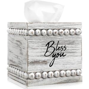 Bless You Beaded Square Tissue Box Cover, Rustic Farmhouse Vintage Wooden Tissue Holder Box Distressed Napkin Holder for Table Bathroom Decor(White)