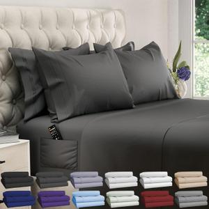 DREAMCARE King Size Sheets Set - 6 pcs Breathable Cooling Bed Sheets - up to 21" Extra Deep Pocket King Sheet Set with Side Pockets - Extra Soft 100% Brushed Hypoallergenic Hotel Luxury Bedding - Gray
