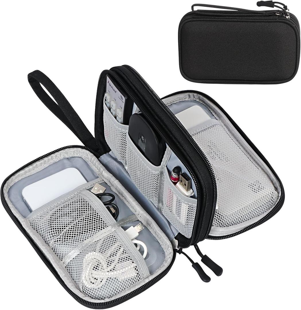 FYY Electronic Organizer, Travel Cable Organizer Bag Pouch Electronic Accessories Carry Case Portable Waterproof Double Layers Storage Bag for Cable, Cord, Charger, Phone, Earphone, Large Size, Black