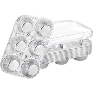 Disposable Muffin Pans with Lids, 10 Pack Aluminum Foil Muffin Pans, Throw Away, with Reinforced Bottom and Smooth Interior, 6-Cup Tin Size for Baking, Ideal for Parties and Holidays