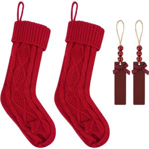 2Pack Personalized Christmas Stockings - 18 Inch Large Cable Knitted Xmas Hanging Stockings with DIY Wooden Name Tags for Family Holiday Decor (Red)