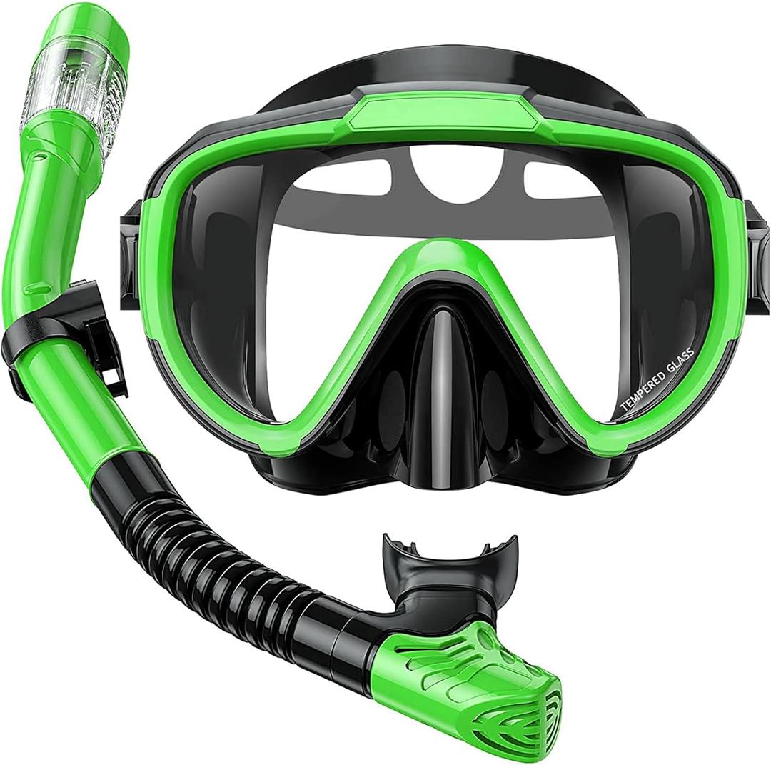 Snorkel Set Adults Snorkeling Gear Anti-Fog Panoramic View Swim Mask Dry Top Snorkel Kit with Carry Bag for Snorkeling Scuba Diving Swimming Travel (Grass Green+Black)