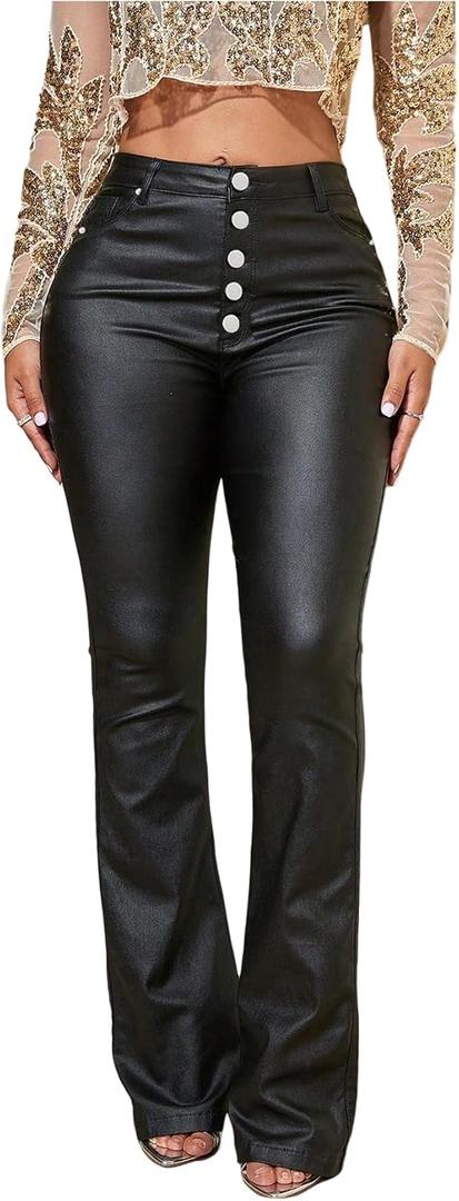 WDIRARA Women's Button Fly Faux Leather Flare Pants Punk High Waisted Skinny Trousers, XS