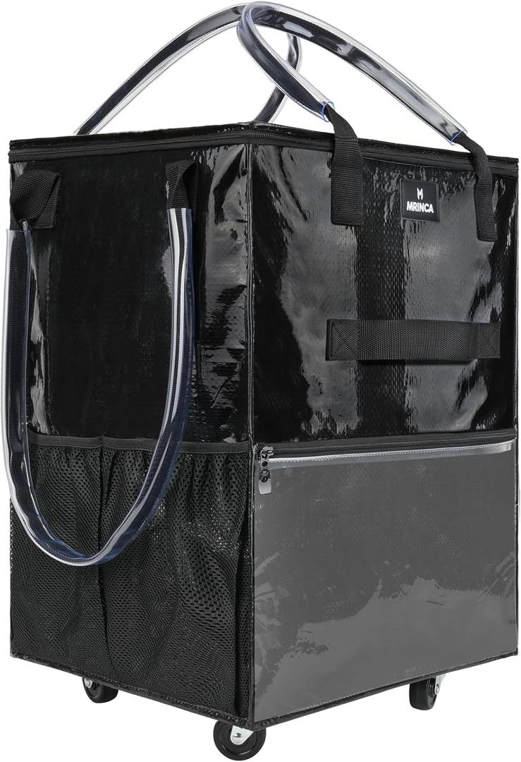 Reusable Grocery Bag with Wheels, Foldable Shopping Rolling Tote Bag, Shopping Trolley Cart with Zippered Top, Heavy Duty Handles, Lightweight, Carries Up to 66 LBS, Large, Black