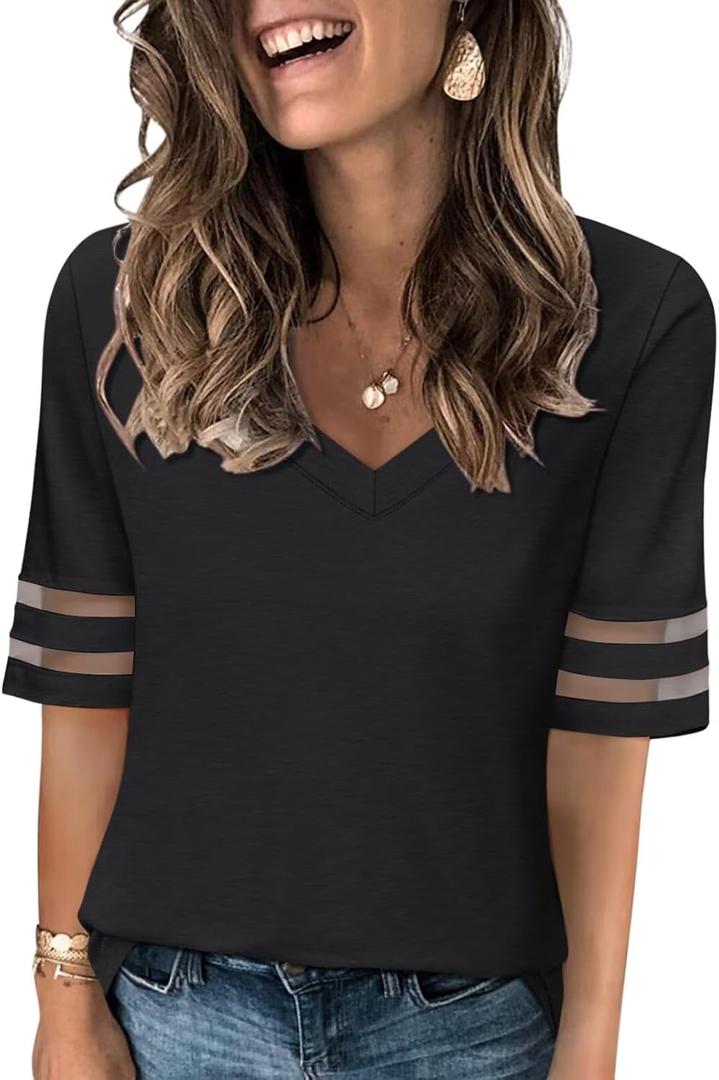 Women's V Neck T Shirts Mesh Panel Short Sleeve Tops Casual Summer Tees (Large, Black)