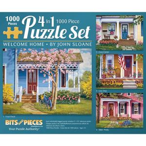Bits and Pieces 4 Jigsaw Puzzle Set 1000 Piece Puzzles for Adults, 4-in-1 Welcome Home Set - Large 20" x 27" Jigsaw Puzzles 1000 Pieces - Americana Houses Porch - Random Die Cut Pieces No 2 are Alike