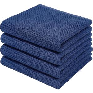 Homaxy 100% Cotton Waffle Weave Kitchen Dish Towels, Ultra Soft Absorbent Quick Drying Cleaning Towel, 13 x 28 Inches, 4-Pack, Navy Blue