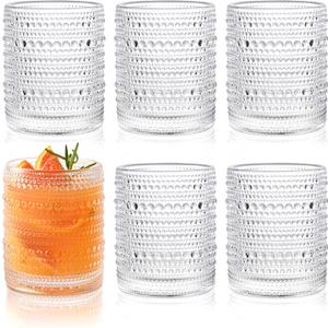 KMIGRUAN Hobnail Drinking Glasses Set of 6,12oz Vintage Glassware Embossed Vintage Water Cups Cocktail Glasses Juice Glasses