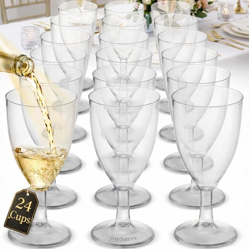 JoyServe 24 Plastic Wine Glasses Disposable - 7 Oz Clear BPA-Free Plastic Glasses with Stem, Reusable Party Wine Cups for Outdoor Parties, Weddings, Toasts, Drinks, Catering (Bulk Pack of 24)