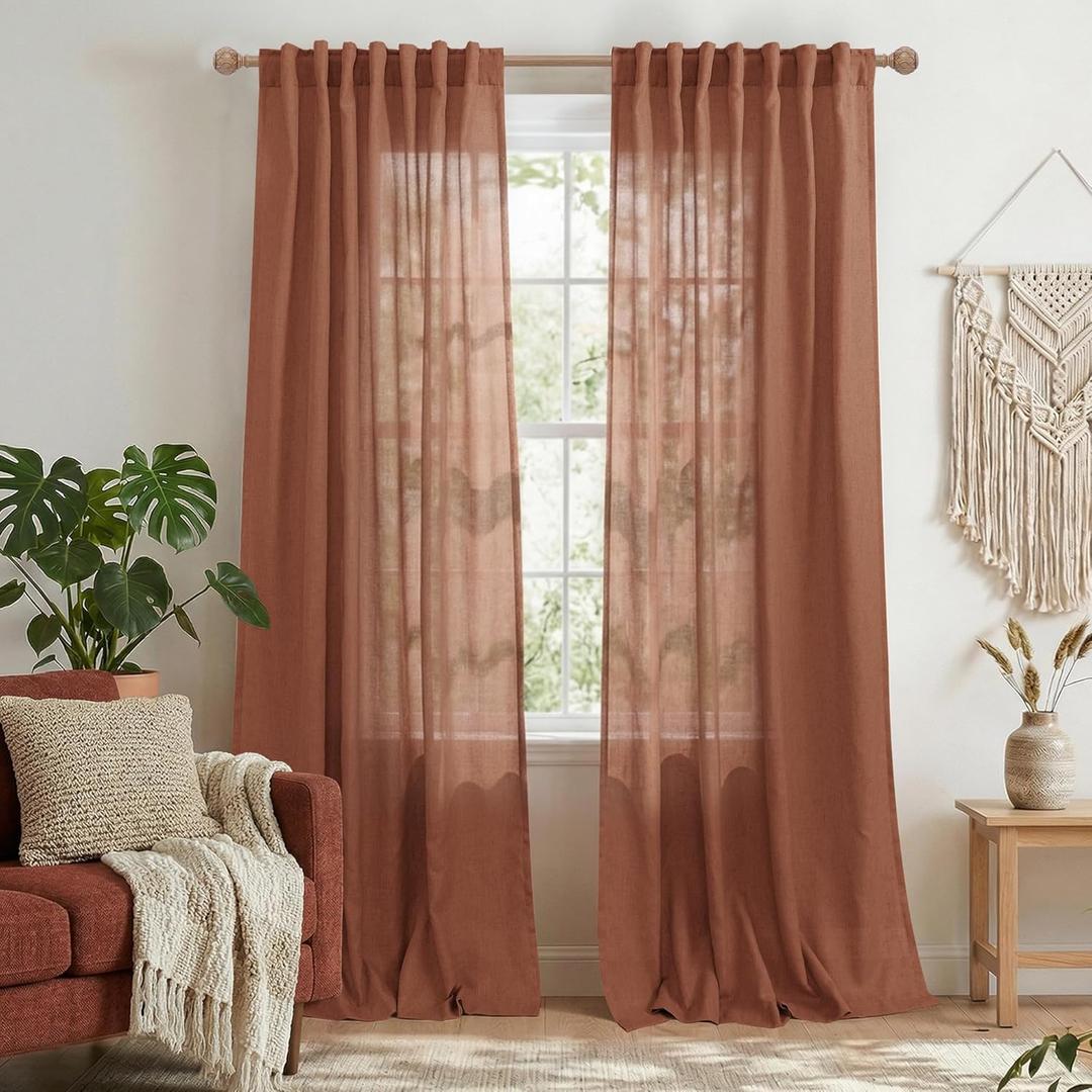 Terracotta Linen Curtains 90 Inches Long, Back Tab Boho Farmhouse Semi Sheer Bohemian Window Curtain Panels for Living Room Bedroom, Rust Cool Maximalist Decor,Cortinas Para Salas Modernas,52"W x 90"L (Pack of 2), Terracotta