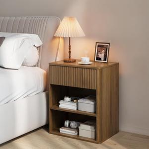 Nightstand Bedside Table Storage Drawer - Large Mid Century Modern Night Stand with Fluted Wood Storage Drawer and Open Shelf Bed Side Table for Bedroom Study Room, Walnut Brown, Set of 1