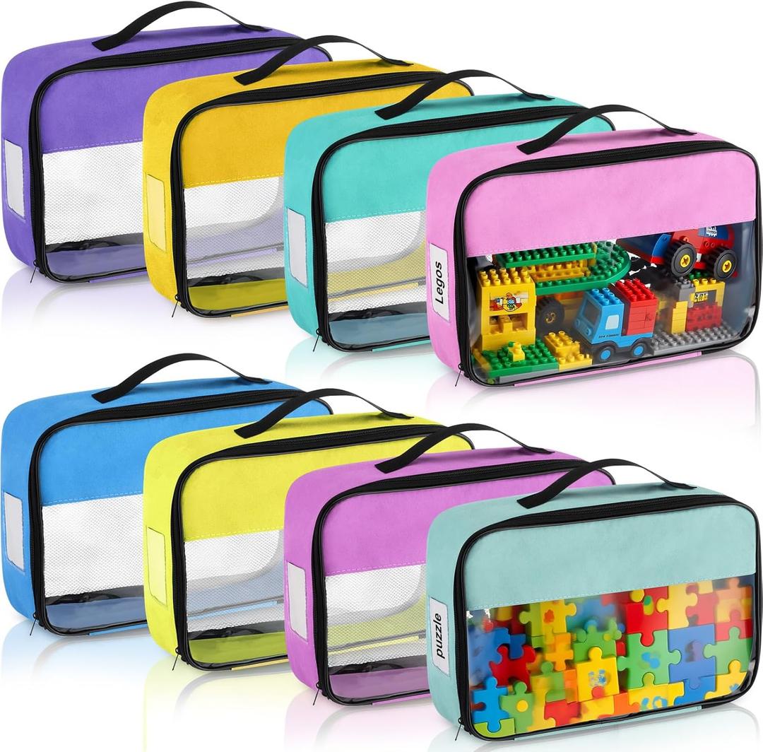 Abbylike 8 Pack Toy Storage Bags with Labels & Pockets Bricks Building Set Storage Bag Reusable Clear PVC Board Game Travel Case Toy Organizer for Building Blocks Puzzles