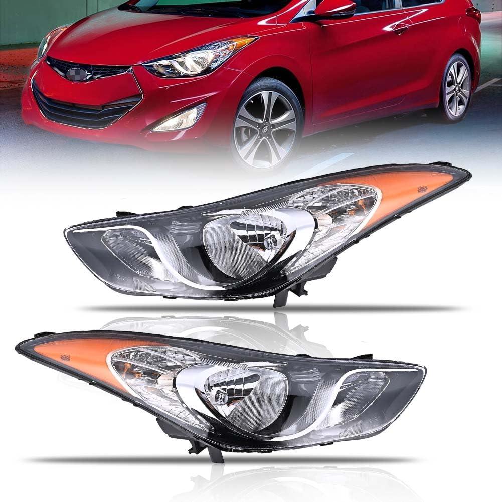 Headlight Assembly for Hyundai Elantra 2011 2012 2013, Passenger Driver Side Halogen Headlamp with Clear Lens Black Housing Amber Reflector (with Bulbs), 1 Pair, 92101-3y000 HY2503161