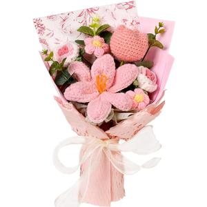 Crochet Flowers Bouquet - Handmade Tulips Roses Daisies Knitted Flowers for Mother's Day Wedding Anniversary Birthday Teacher Appreciation Gifts Home Decor Pink