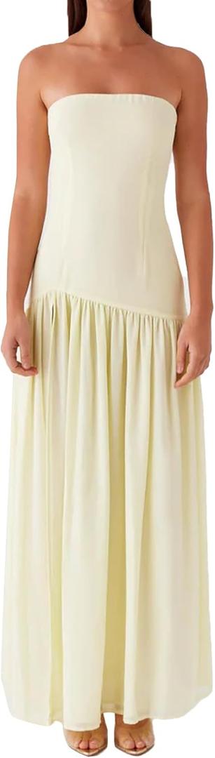 Women Tube Top Dress Tiger Stripe Mesh Patchwork Maxi Dress Strapless Sexy High Slit Long Dresses Party Clubwear (Small, Light Yellow)