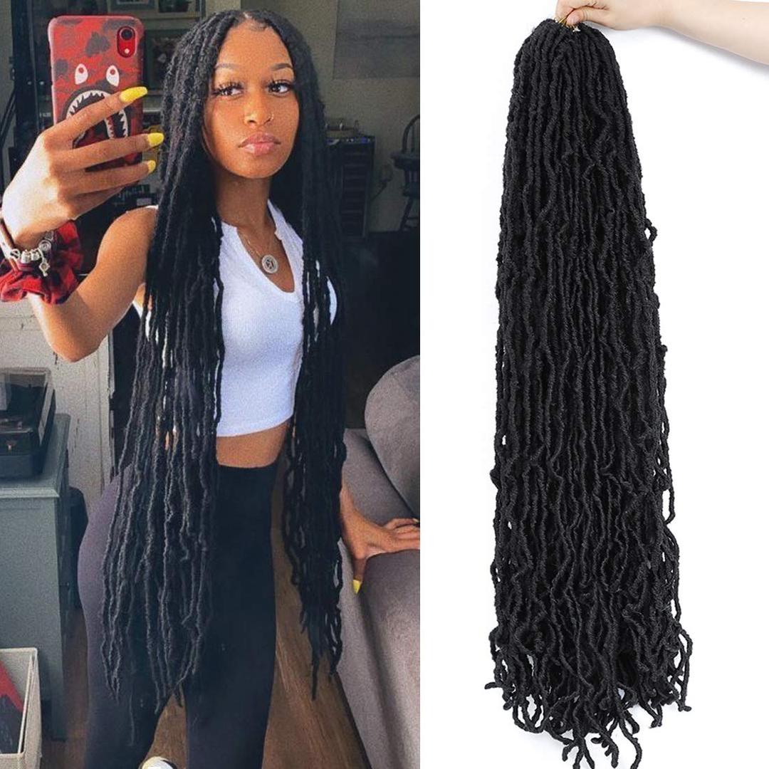 36Inch Soft Locs 6packs Super Long Goddess Locs Crochet Hair Natural Pre Looped Natural Faux Locs Crochet Braid Curly Wave Braiding Hair36inch #1b 6packs)