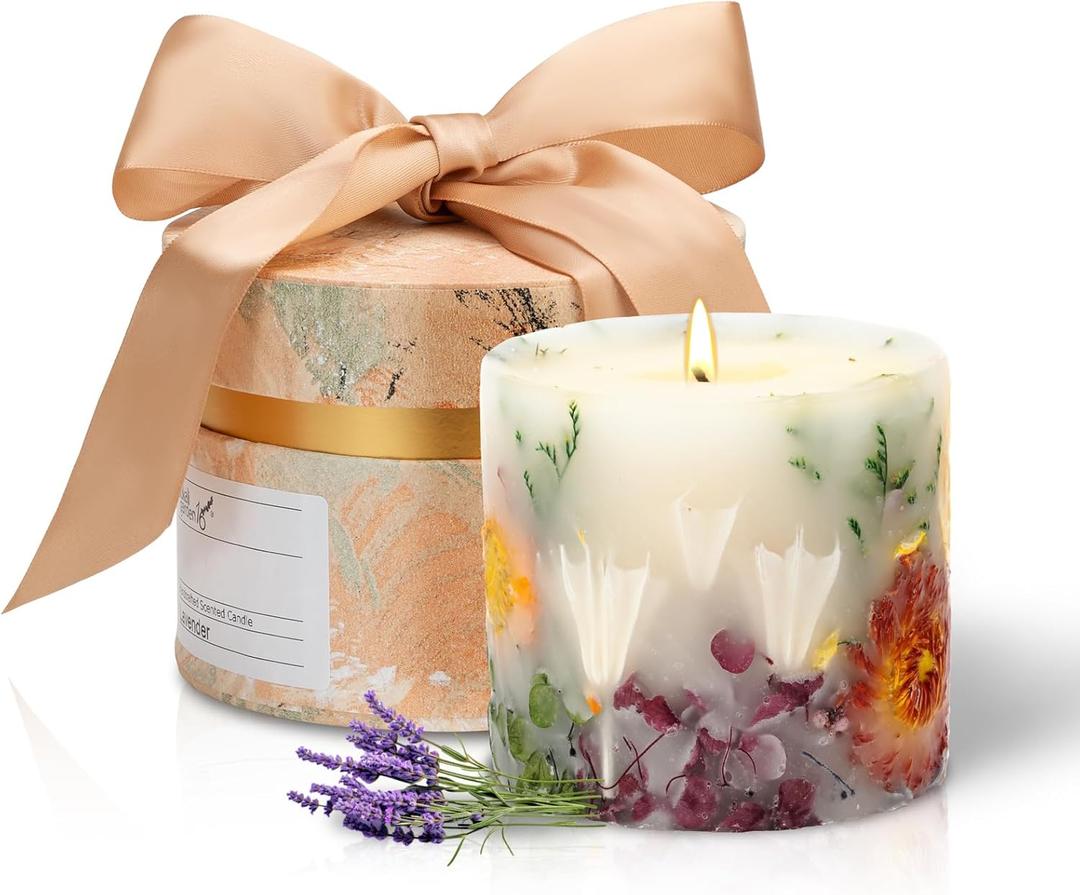 Scented Candles for Women,Burning Natural Soy Wax candles for home scented,Natural Pillar Candle with Dried Flowers - Mothers Day Candle for Mom for Home Decor and Relaxation (Lavender Floral)