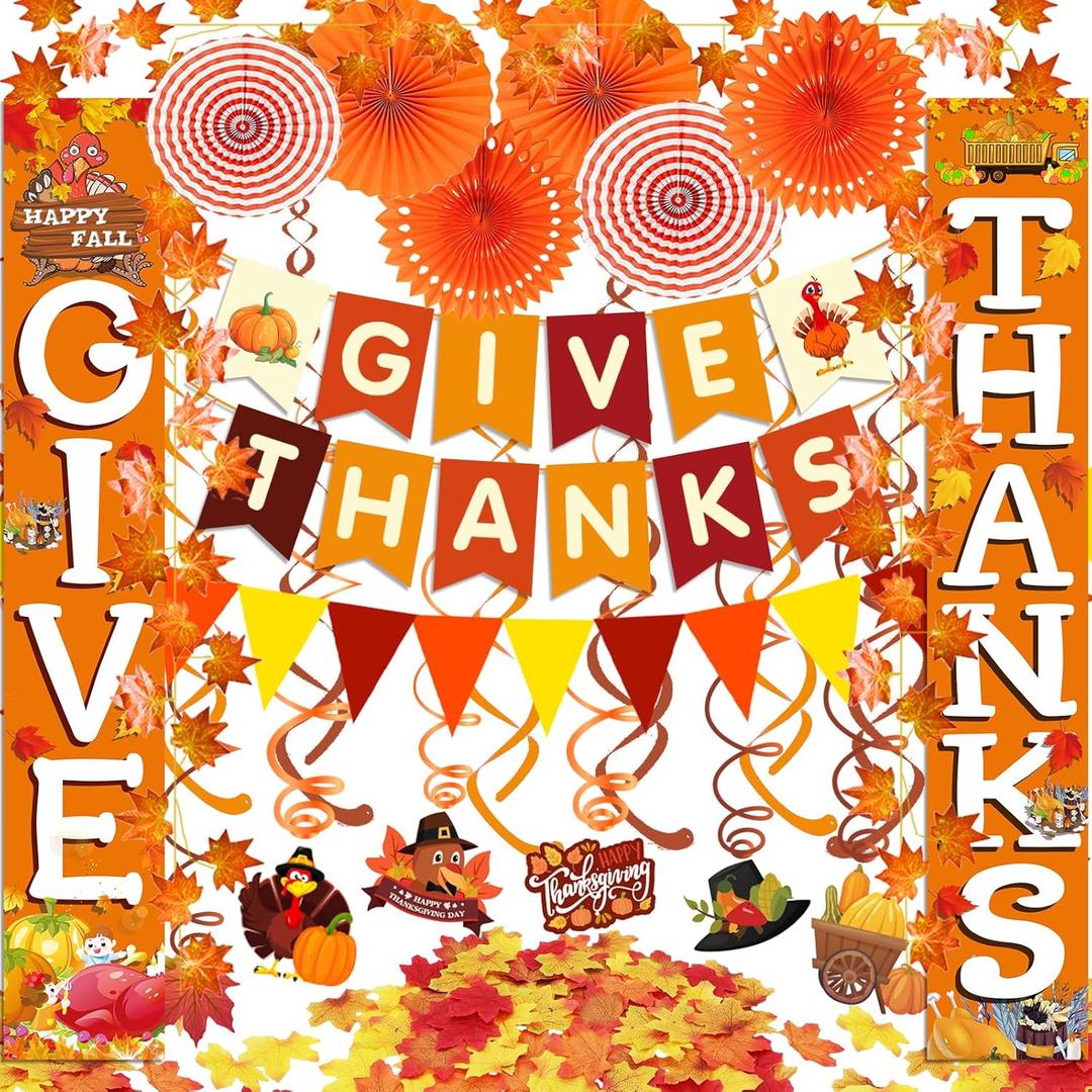 Famoby GIVE THANKS Hanging Banner Porch Sign Autumn Pumpkin Maple Leaf Backdrop Flag Banner Paper Fan&Swirls for Thanksgiving Party Decorations