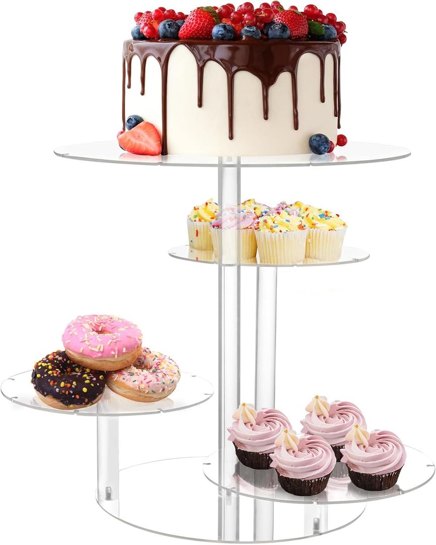 4 Tier Acrylic Cake Stand, Large Cupcake Stand with Led String Lights, Cake Display Stands Round Dessert Tree Tower, Transparent Pastry Tray Holder for Wedding Birthday Tea Graduation Party