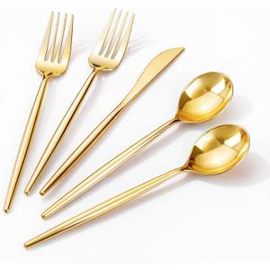 Rubtlamp 90Pcs Gold Plastic Silverware, Gold Disposable Utensils, Plastic Cutlery Include 30 Plastic Knives, 60 Forks and Spoons, Fancy Plastic Silverware Heavy Duty for Party