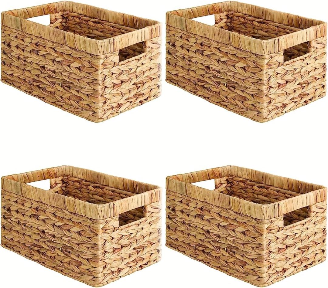 Water Hyacinth Woven Storage Baskets, Set of 4 Wicker Baskets for Organizing with Built-In Handles, Handwoven Rectangular Shelf Bins for Pantry, Bathroom, Kitchen, Closet (13 x 8.25 x 7 in)