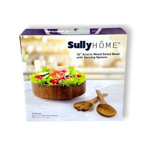 SullyHÔME 12" Acacia Wood Salad Bowl with Serving Spoons