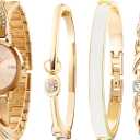 Women's Bangle Watch and Gold Watch Chain Bracelets Premium Crystal Accented Bracelet Set W50888L