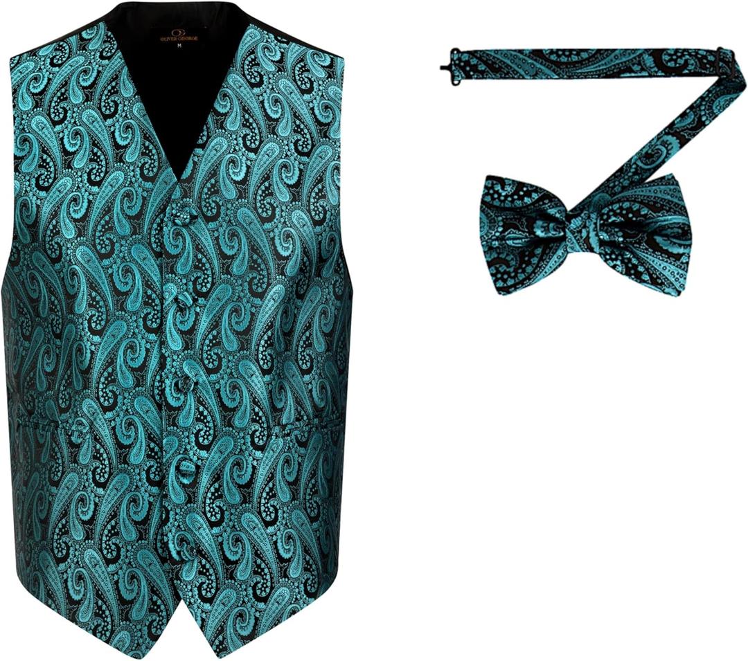 Oliver George 2pc Men's Paisley Formal Suit Vest Waistcoat Tuxedo Dress Vest Bowtie Set for Suit or Tuxedo (XX-Large, Teal Green)
