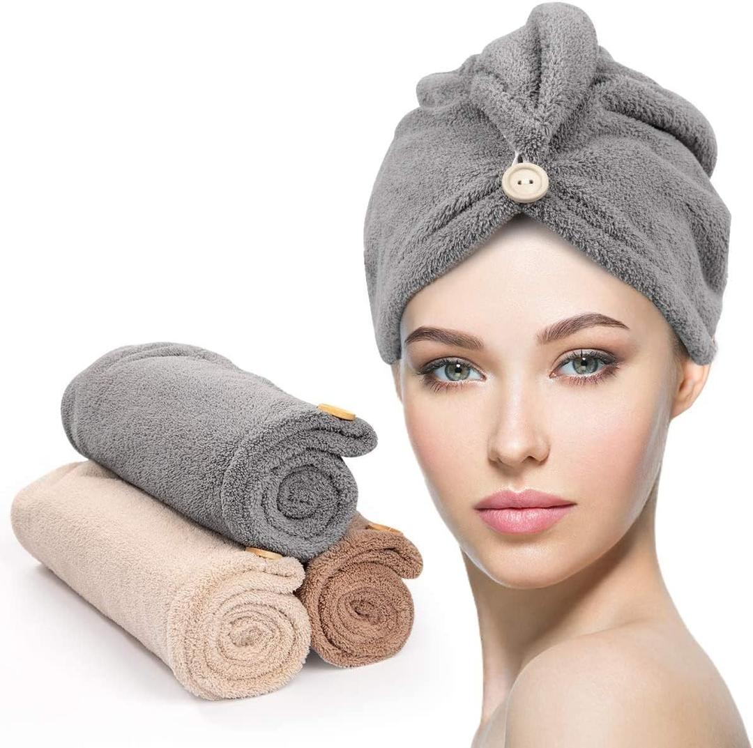 YFONG 3 Pack Hair Drying Towels, Hair Towel with Button, Super Absorbent Microfiber Hair Towel for Curly Hair, Fast Drying Hair Wraps for Women Girls, Microfiber Towel for Hair (Gray, Camel, Brown)