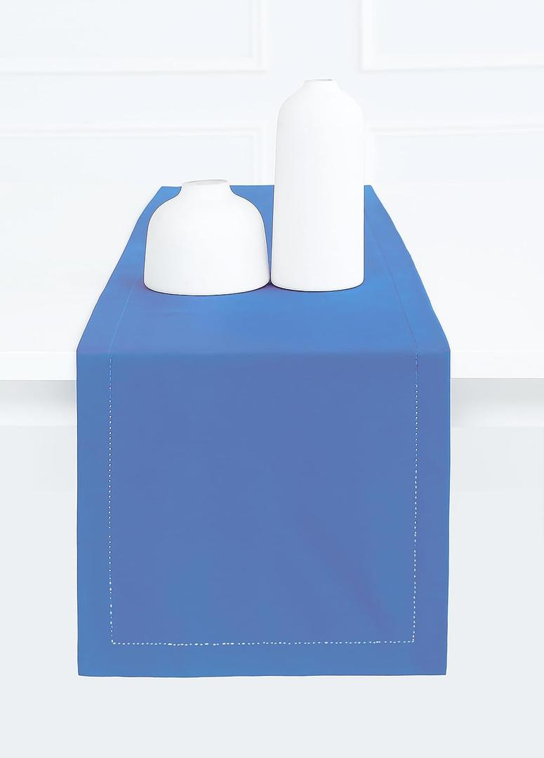 PurpleEssences Light Blue Table Runner - Hemstitch Detail - 100% Cotton Durable Washable Fabric - Ideal for Spring Easter Summer, Perfect as 6 ft Table Linen - Solid Hemstitch - 14 x 72 Inch