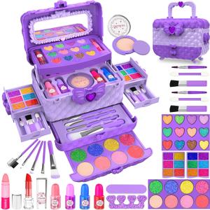 54 Pcs Kids Makeup Kit for Girls, Princess Real Washable Pretend Play Cosmetic Set Toys with Mirror, Birthday Gifts for 3 4 5 6 7 8 9 10 Years Old Girls Kids (Purple)