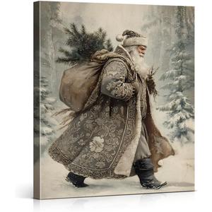 Vintage Santa Claus Christmas Wall Art Decor Santa in Forest Winter Prints Painting Christmas Wall Decor for Home Living Room Bedroom 8x10 Inch Framed