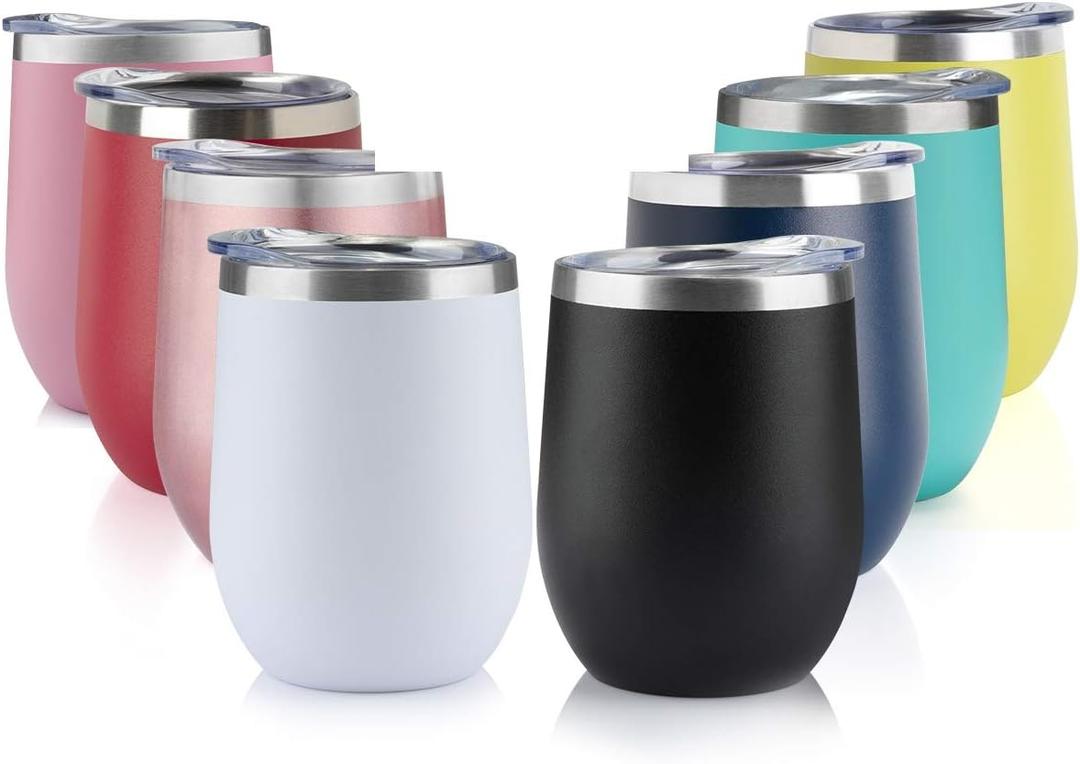 8-Pack 12 OZ Stainless Steel Wine Tumbler With Lid - Double Wall Vacuum Insulated Travel Cup for Coffee, Cocktails, Ice Cream (Combination Color)