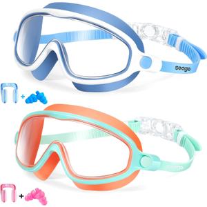 Seago Swim Goggles 2 Pack Anti-Fog Anti-UV Wide View Swimming Goggles for Kids 3-14 (Blue White & Orange Green)