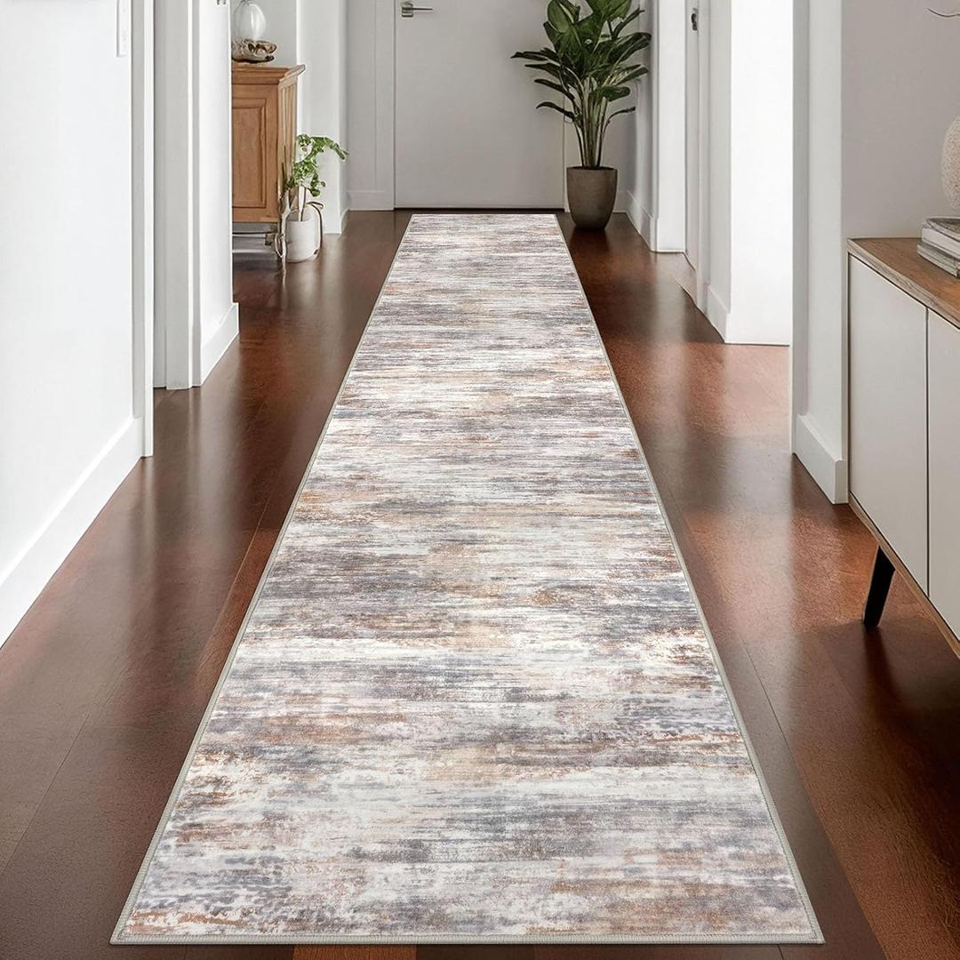 KOZYFLY Modern Abstract Washable Rug Runner 2.6x14 Hallway Rug Runner Non-Slip Soft Kitchen Runner Rugs, Multi Grey/Orange Striped Carpet for Entryway Bathroom