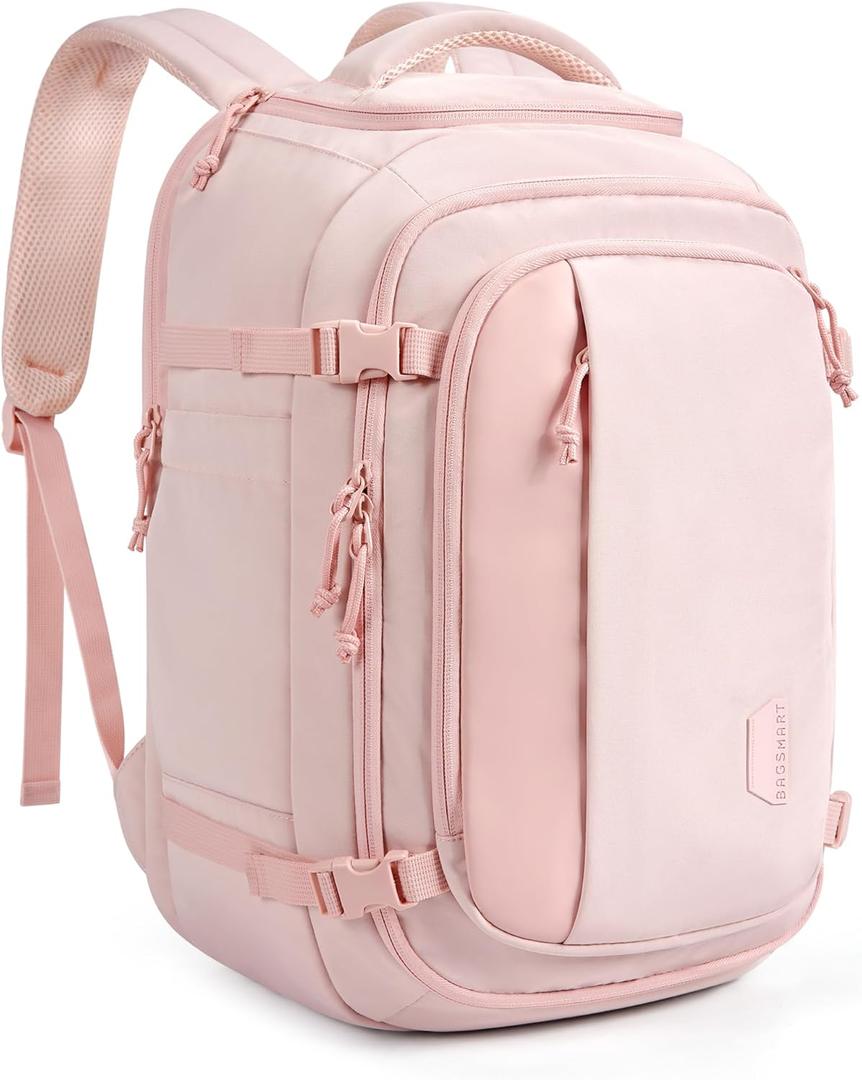 BAGSMART Travel Backpack Carry on Flight Approved, 28L Lightweight Backpack Fits 17.3 Inch Laptop for Men Women, Water Resistant Personal Item Travel Bag with USB Charging Port, Pink