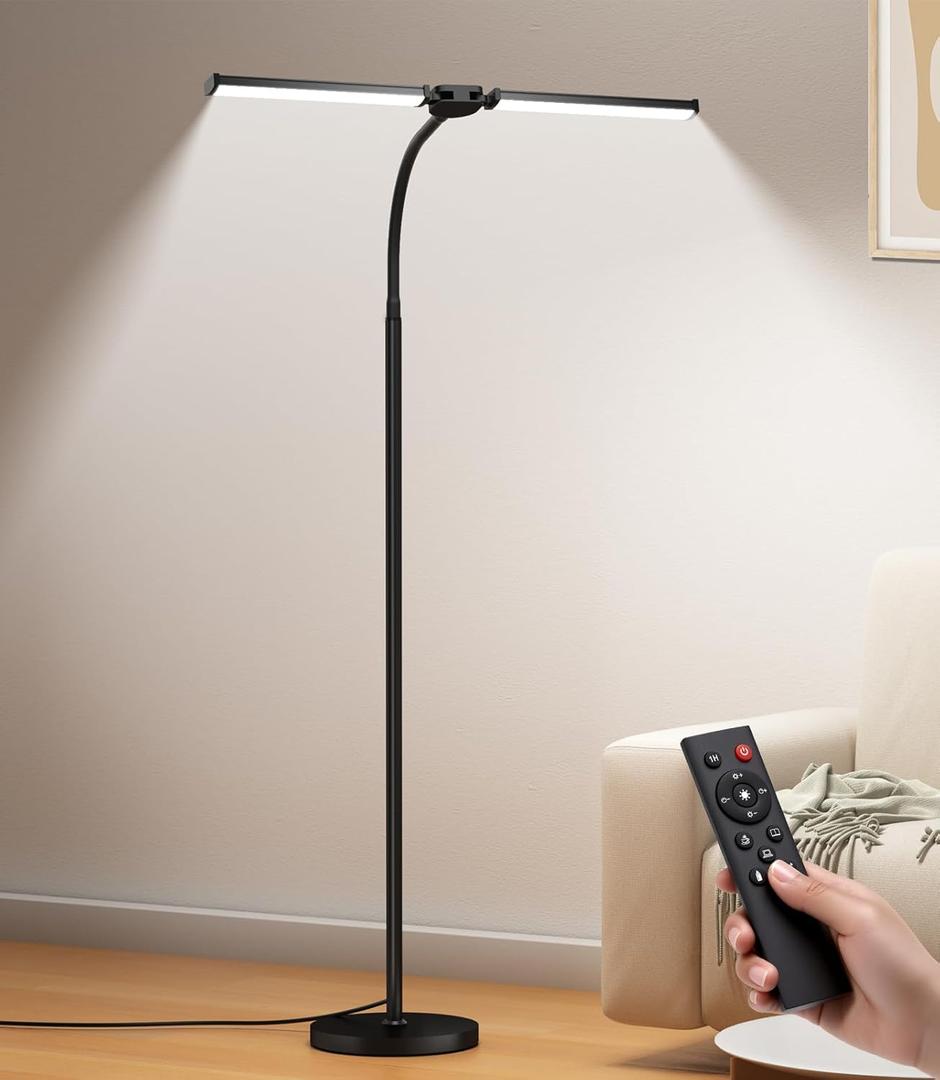 LED Floor Lamp for Living Room, Bright Reading Lamps for Office, Adjustable Colors Temperatures&Brightness, Dual Head Goose-Neck Standing Lamp, Remote and Button Control, Eye Caring Tall Lamp, Black