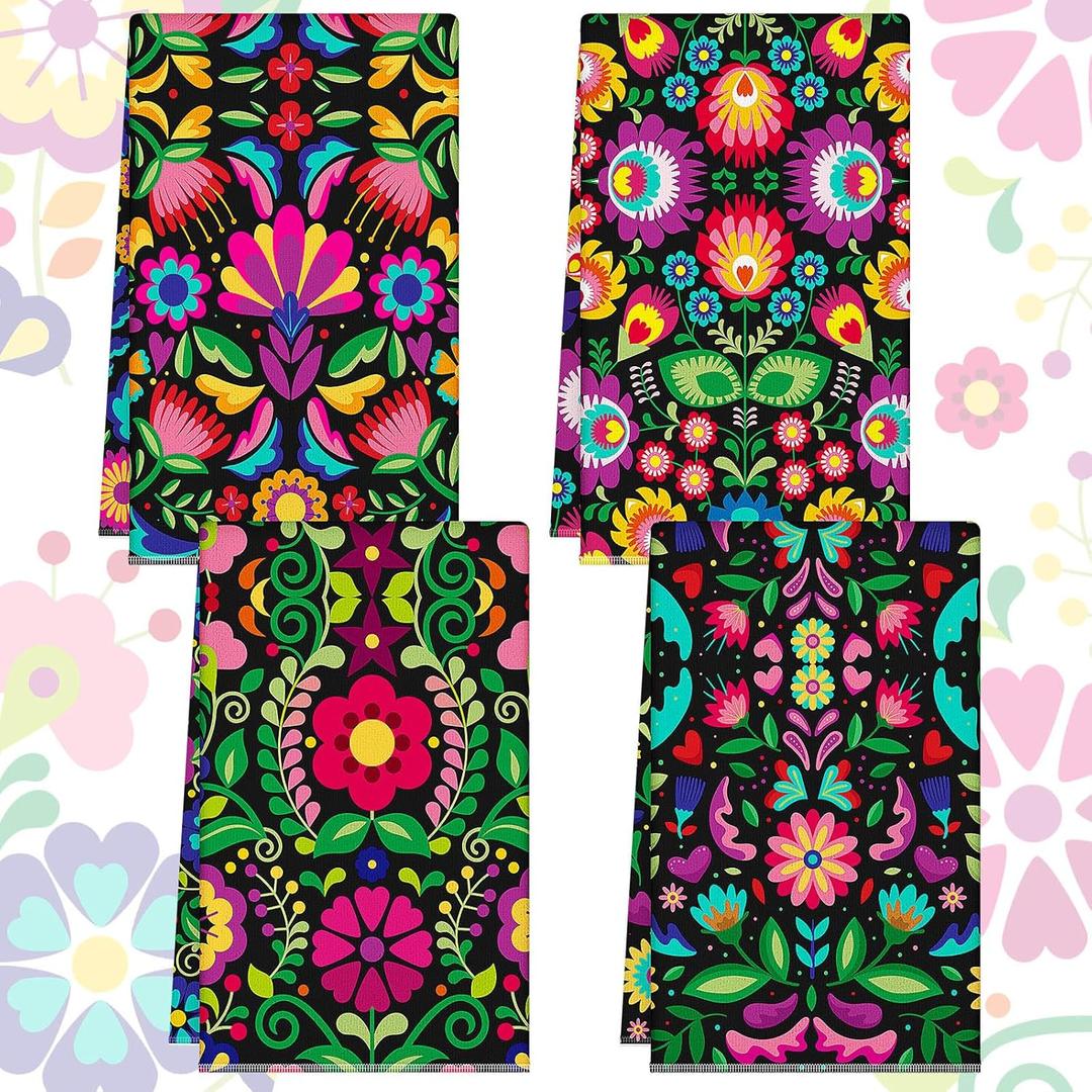 Kinlop 4 Pieces Mexican Kitchen Dish Towel Flowers Leaves Holiday Mexican Hand Towels Farmhouse Rustic Absorbent Dishcloths for Kitchen Supplies Halloween Decoration Holiday Part (Vivid)