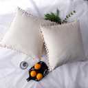Decorative Throw Pillow Covers with Pom-poms Soft Velvet Solid Cushion Covers 20 X 20 for Sofa Couch Bedroom Car, Pack of 2, Ivory