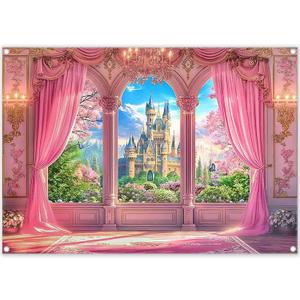 Fabric 7x5 Ft Pink Curtains Castle Photography Backdrop Window Room Floral Fairy Tale Background Girls Party Decorations Photo Booth Banner Tapestry