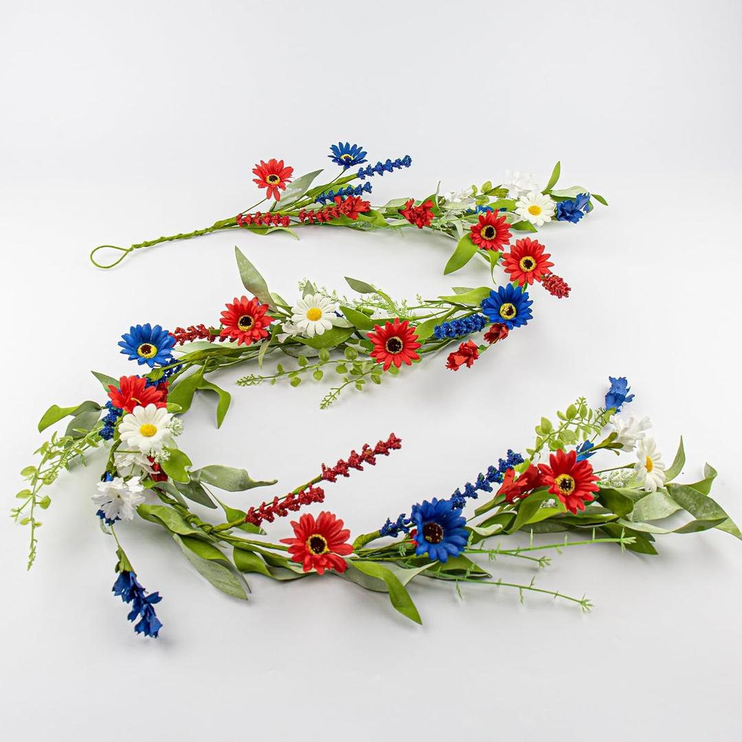 4th of July Garland 5 FT Patriotic Garland Red White and Blue Garlands with Wildflower Wheat for Mantle Table Centerpiece 250th Anniversary Memorial Independence Day Hanging Decor