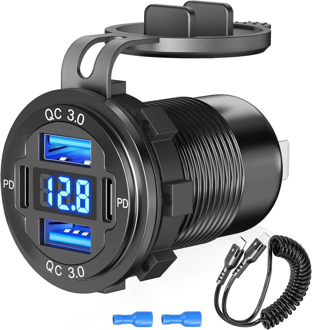 12V USB C Outlet 78W 4 Ports Aluminum Car Charger Socket, Dual PD 30W and Dual QC 18W Car USB Port 12V Charger with Voltmeter and C to C Cable, Suitable for Boat Marine Bus Truck Golf RV Motorcycle