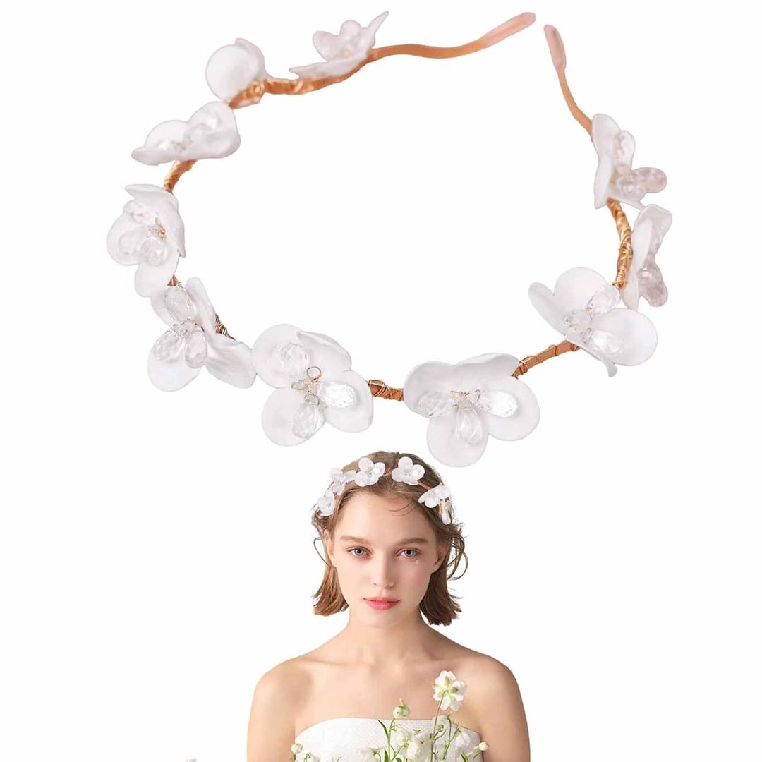 White Fabric Flower Headband Flower Headpiece Rhinestones Wedding Flower Headband Princess Crystal Pearl Hair Accessories for Women Girls Wedding Birthday Party First Communion Tiara