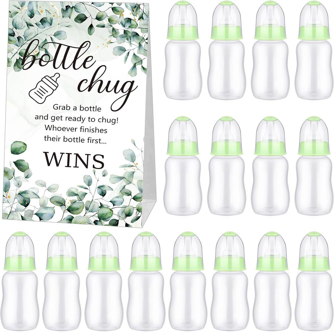 TrelaCo Bottle Chug Baby Shower Game Set of 20 Baby Bottles Shower Favor with 1 Greenery Theme Sign for Gender Reveal Party Supplies Gifts (Green)