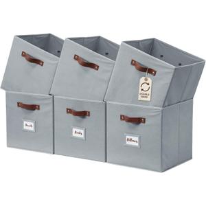 DECOMOMO Storage Bins, Cube Storage Bin with Labels, Fabric Storage Cubes for Shelves (10.5" x 11" / 6pcs, Grey)