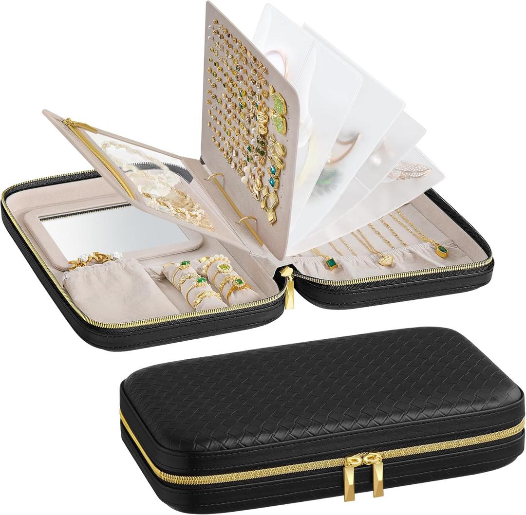 SONGMICS HOME Travel Jewelry Case, Jewelry Organizer Box with Mirror, Jewelry Pouch, Woven Embossed PU Leather, Hard Shell, Large Capacity, Gift Idea, Ink Black UJBC204B01