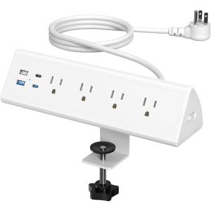Jgstkcity Desk Clamp Power Strip,20W Fast Charging Station,Surge Protector Nightstand Edge Mount,1875W Extension Cord with Multiple Outlets,2 USB-C,2 USB-A,for Home Office (White, 10 FT)