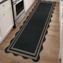 Scalloped 2.6x8 Kitchen Runner Rug, Washable Rugs for Entryway Non Slip Outdoor Indoor Black Long Rug, Farmhouse Morden Carpet for Hallway Bedroom