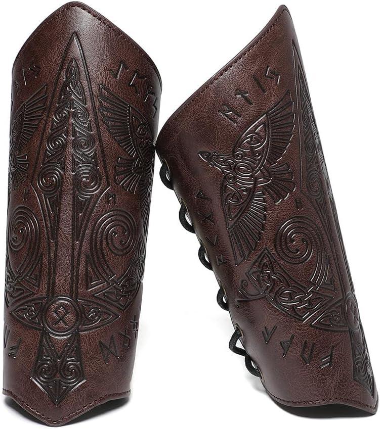 Viking Arm Bracers Leather Armor Cuffs LARP Bracers Embossed Arm Guards Nordic Talisman Amulet for Men Women Gifts One Pair
