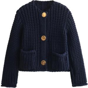 FindThy Womens Cropped Knit Cardigan Long Sleeve Crewneck Button Down Fall Sweater with Pockets (Blue)